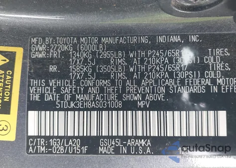 2010 Toyota Highlander Se V6 из США, поврежденный, VIN 5TDJK3EH8AS031008